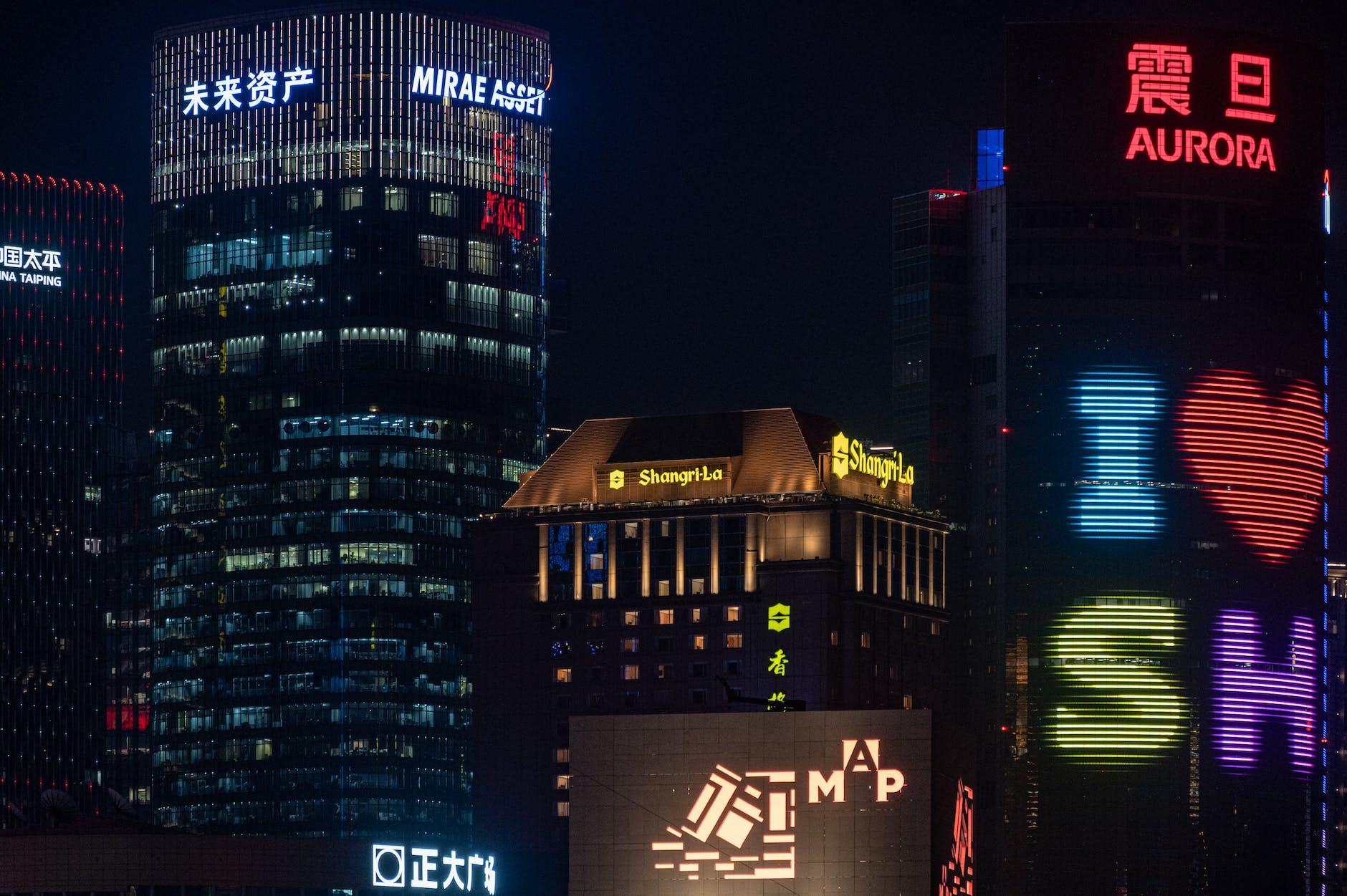 neon lights on city buildings