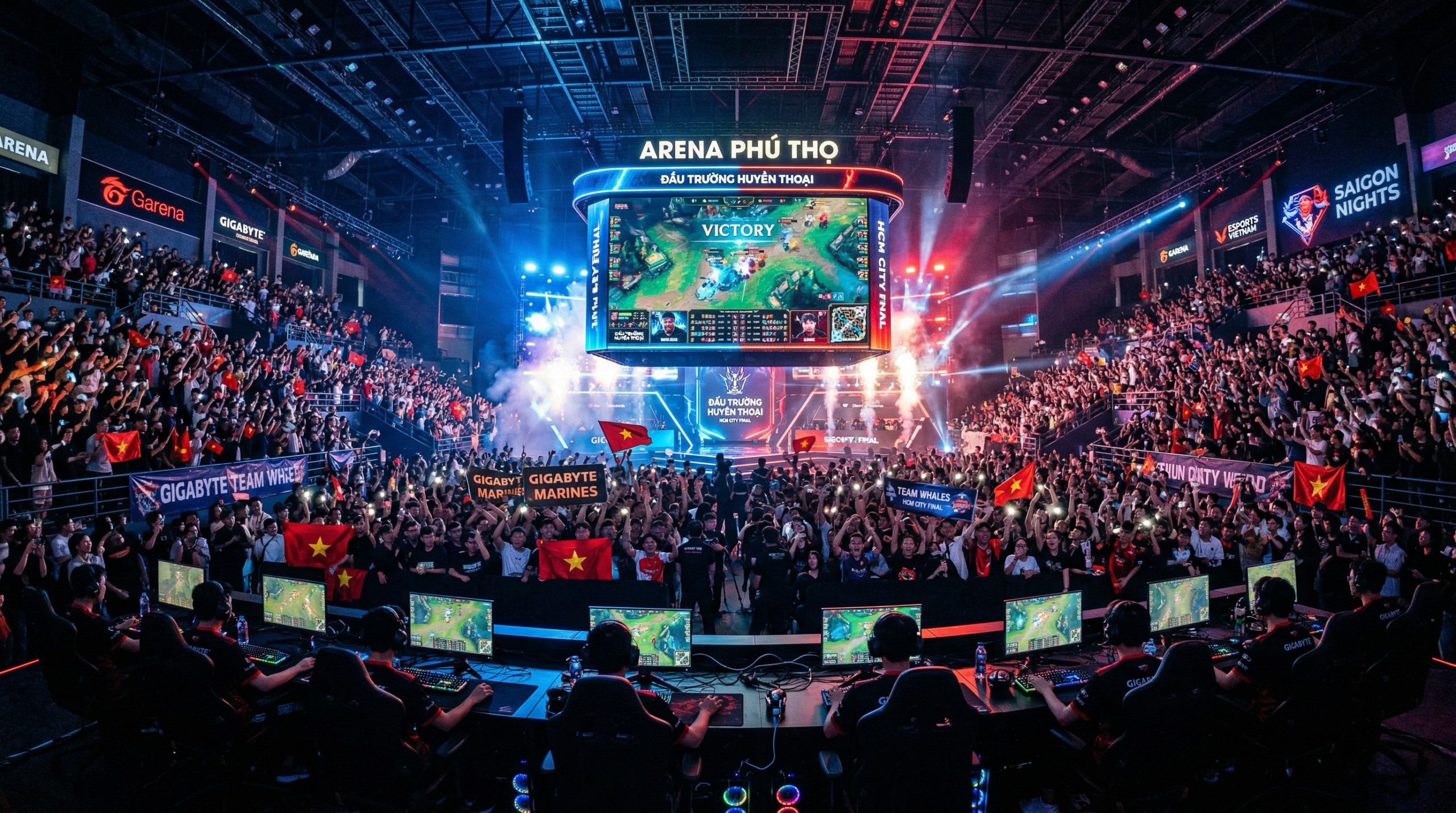 Vietnam gaming and esports arena packed with fans watching a competitive tournament, showcasing the country's booming gaming industry