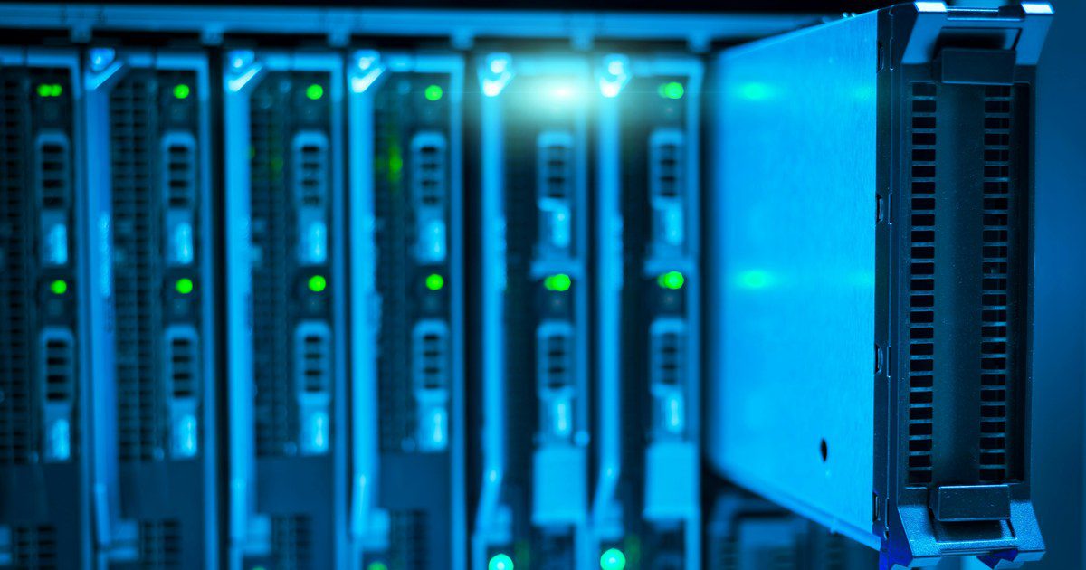 Detailed view of a server rack with a focus on technology and data storage.