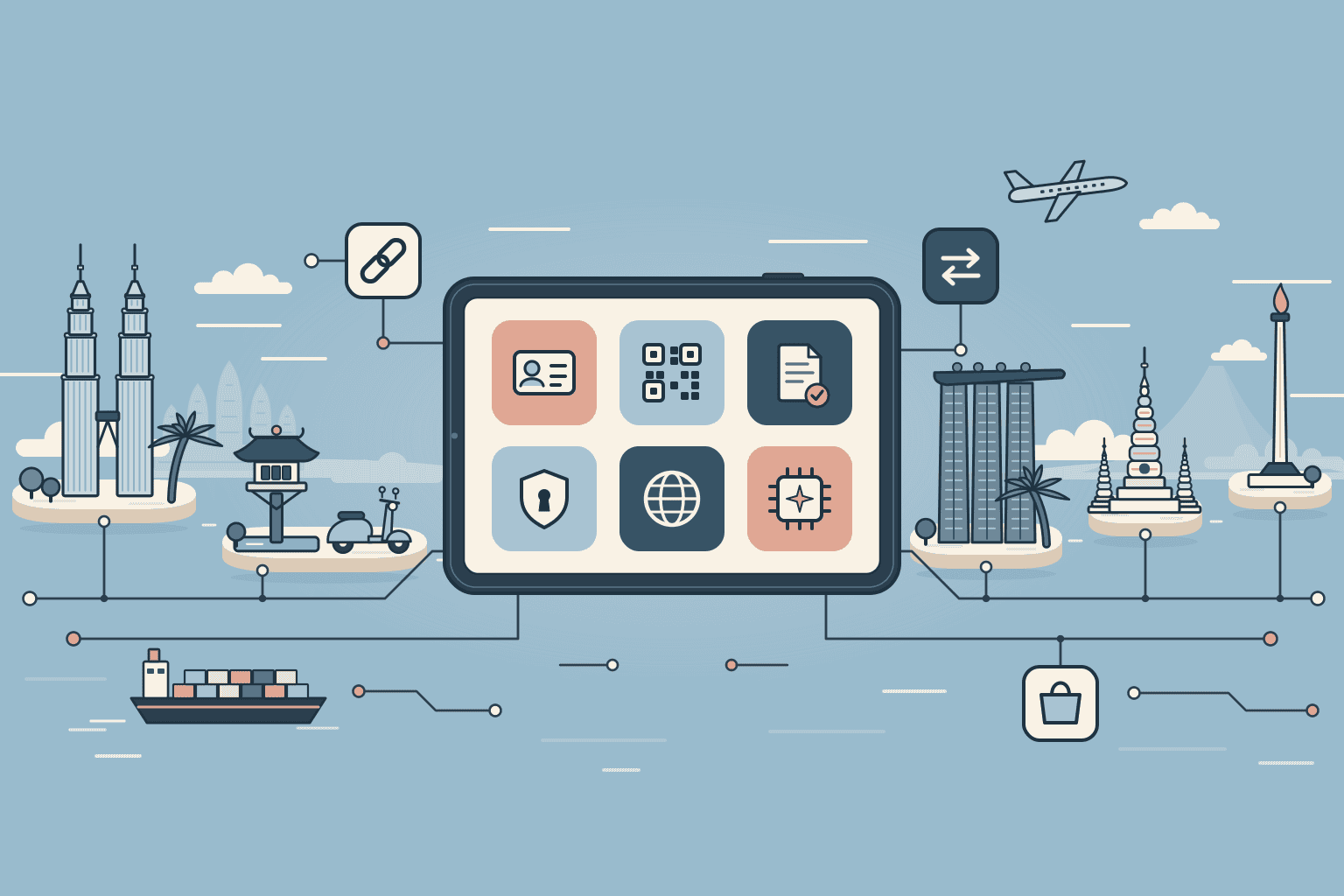 Flat illustration of Southeast Asian landmarks – the Petronas Towers, One Pillar Pagoda, Marina Bay Sands, Wat Arun and Monas – on separate islands, each plugged into a shared circuit network that runs into a central tablet showing digital ID, QR payments, e-invoicing, cybersecurity, data and AI icons
