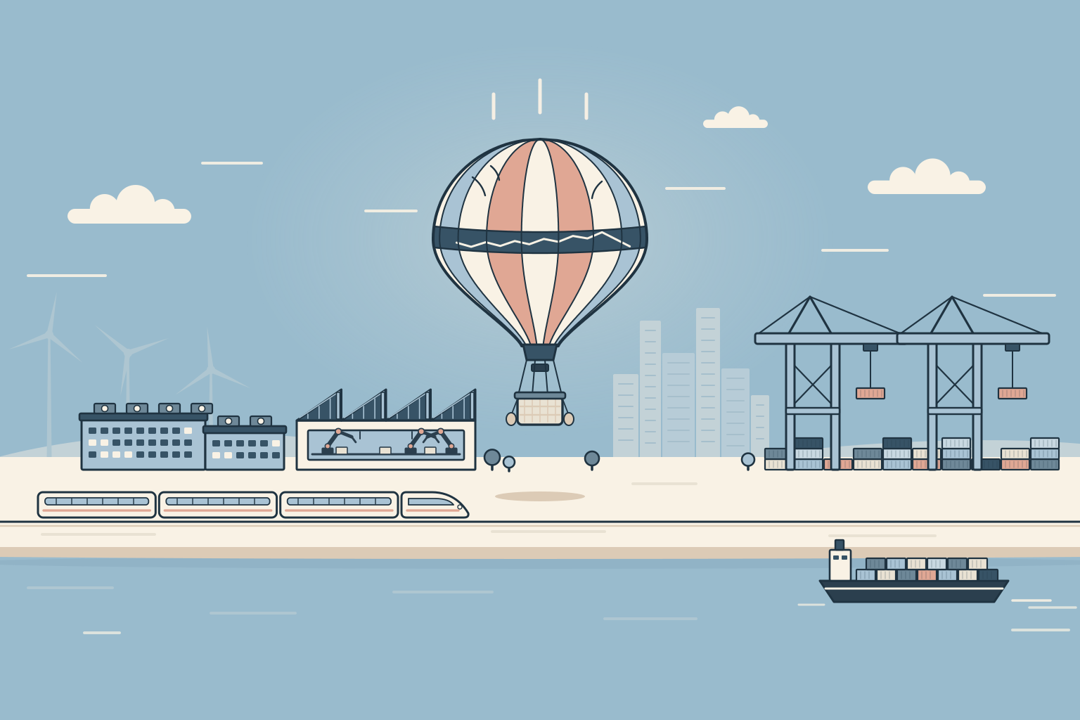 Flat illustration of a striped hot-air balloon, its band marked with a line that climbs then drops, descending towards a busy Chinese industrial town of factories with robot arms, a half-lit data centre, a high-speed train and a container port