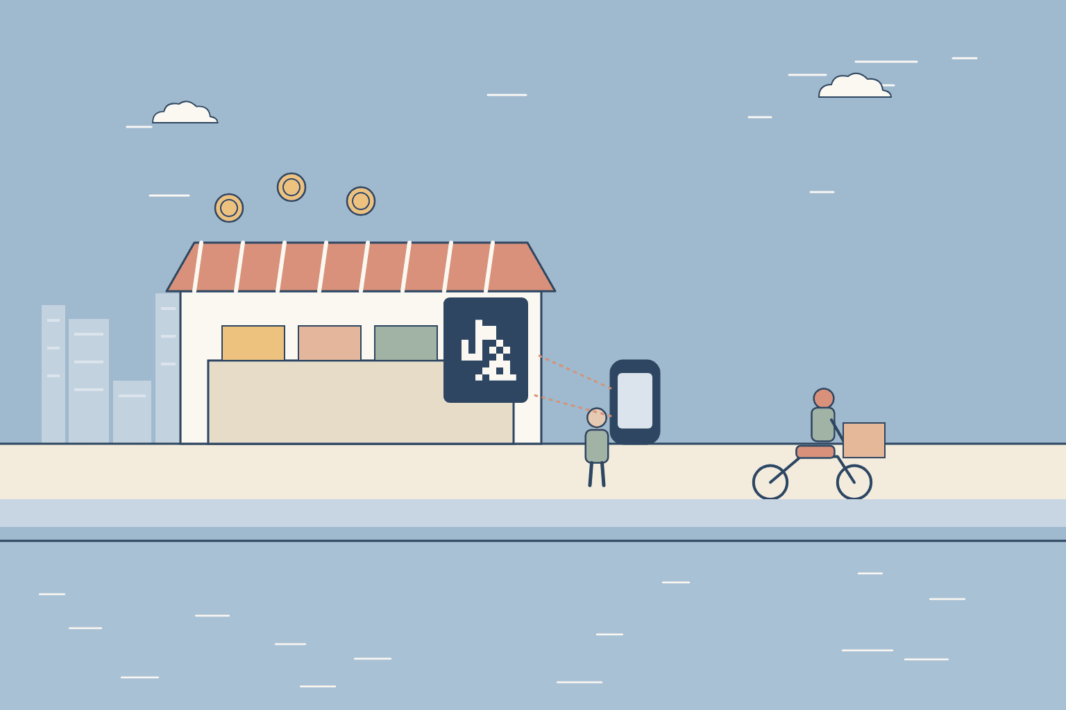 Flat illustration of a Southeast Asian street-food stall with a QR code payment sign, a shopper paying by phone and a delivery rider on a motorbike