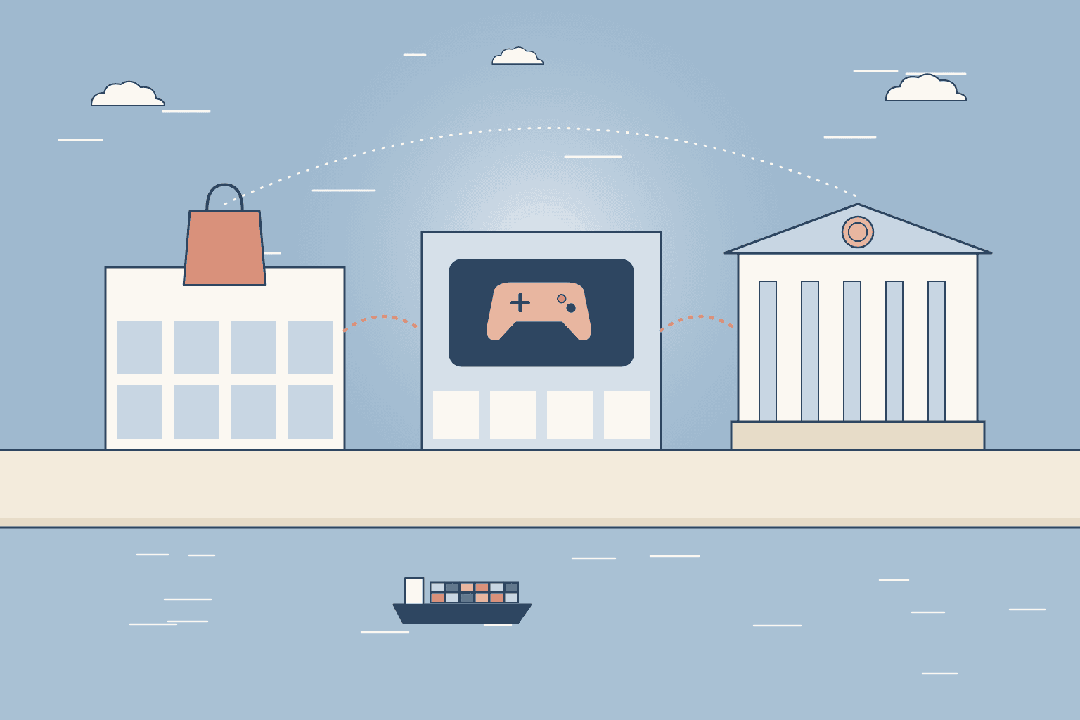 Flat illustration of three linked buildings, a shopping-bag store, a games arena and a bank, connected by dotted lines to show Sea Group's commerce, gaming and finance ecosystem